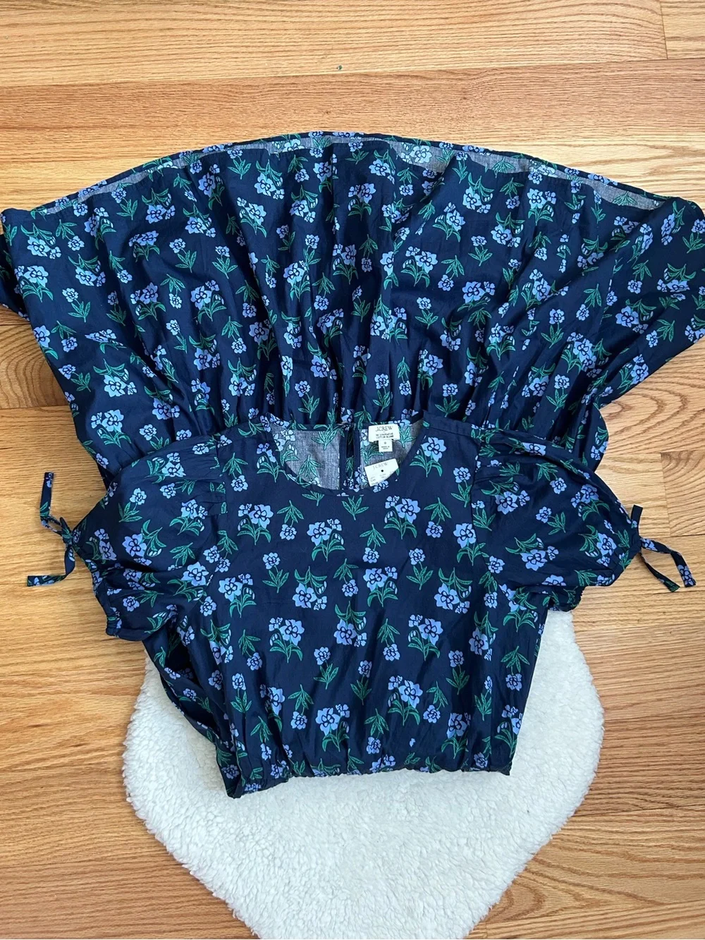 J Crew Factory Floral Navy Tiered Midi Dress with Tie Sleeves NWT